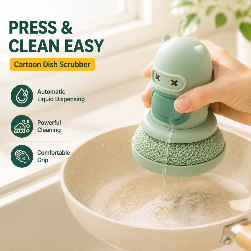 Dish Brush Bamboo - Keuken Cartoon Drukknop Flessenborstel met Automatische
